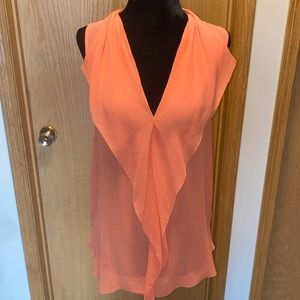 Aritzia T Babaton Shirt Ruffle Short Sleeve Sheer Silk V Neck. Orange. XS